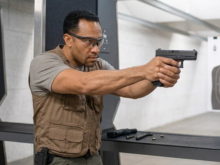Hombre con gafas de protección apuntando una pistola en un polígono de tiro